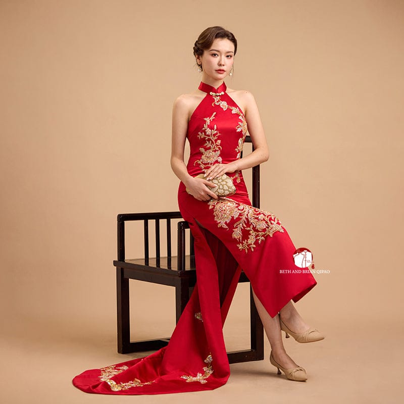 Beth and Brian Qipao - Exclusive Exclusive designer collection,Peacock Embroidery, Halter long Qipao with Train