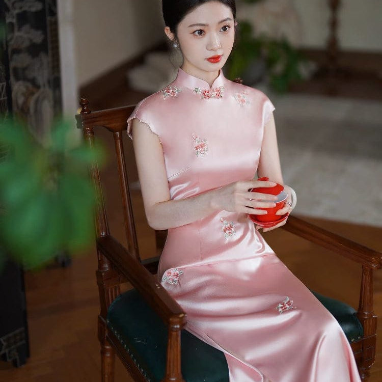 Beth and Brian Qipao-ZXF Floral embroidery, acetate satin high-end long Cheongsam