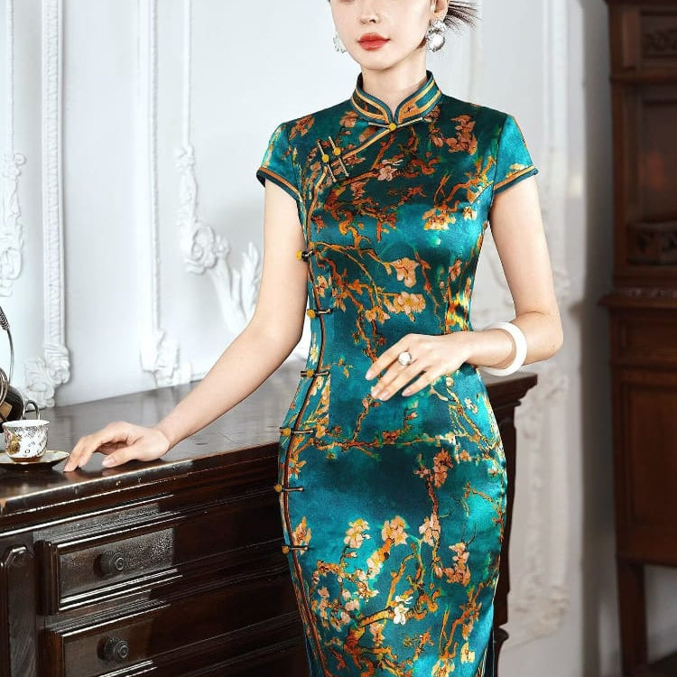 Beth and Brian Qipao-XLY Freya Teal Plum‑Blossom, 19 Mome Mulberry Silk High End Long Cheongsam