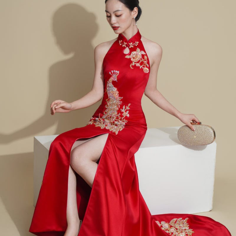 Beth and Brian Qipao - Exclusive Exclusive designer collection, peacock embroidery, halter fishtail Cheongsam