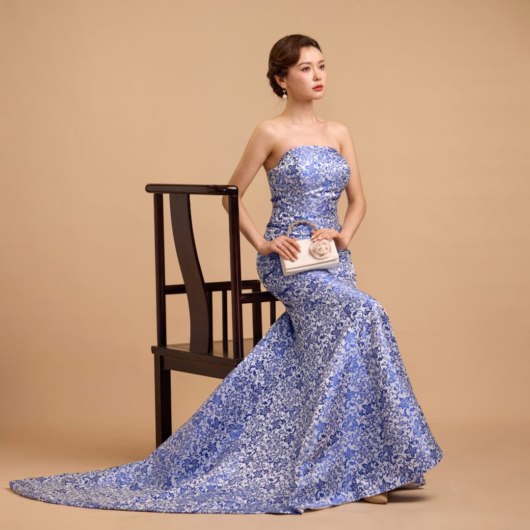 Beth and Brian Qipao-Exclusivedesigner Exclusive designer collection,Blue and white porcelain, tube brocade fishtail cheongsam