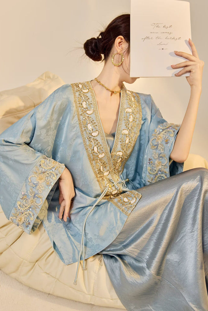 Beth and Brian Qipao-JZ Luna Golden Beaded Floral Embroidery Rayon Loose Cheongsam Coat