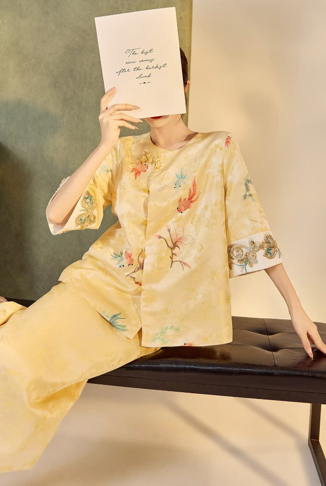 Beth and Brian Qipao-JZ Iris Gold Koi Fish & Floral Embroidery Cheongsam Top & Skirt Set