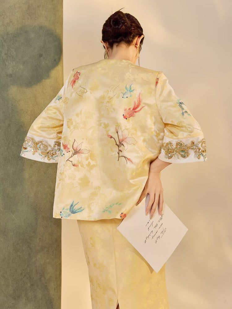 Beth and Brian Qipao-JZ Iris Gold Koi Fish & Floral Embroidery Cheongsam Top & Skirt Set