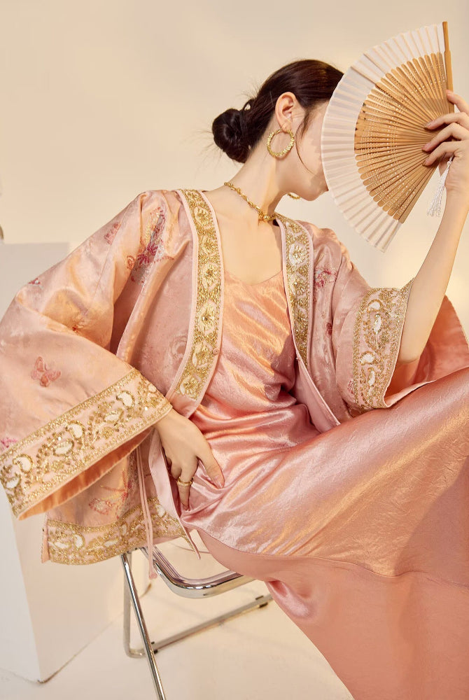 Beth and Brian Qipao-JZ Stella Pink Butterfly Embroidery Beaded Jacquard Loose Cheongsam Jacket