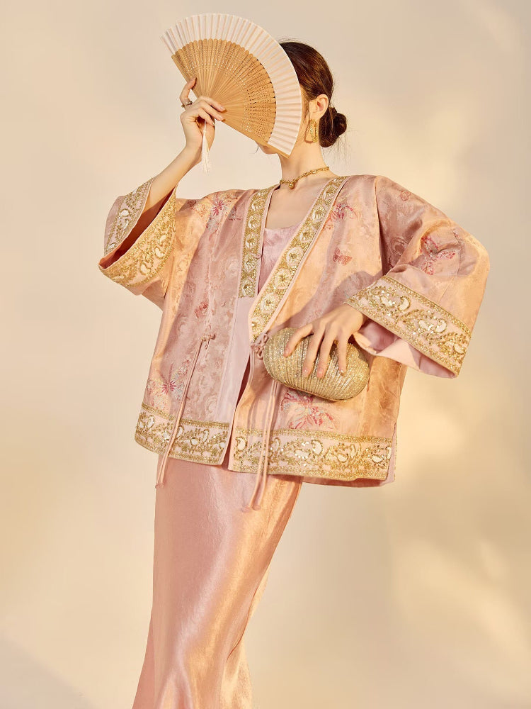 Beth and Brian Qipao-JZ Stella Pink Butterfly Embroidery Beaded Jacquard Loose Cheongsam Jacket