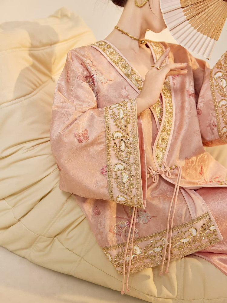 Beth and Brian Qipao-JZ Stella Pink Butterfly Embroidery Beaded Jacquard Loose Cheongsam Jacket