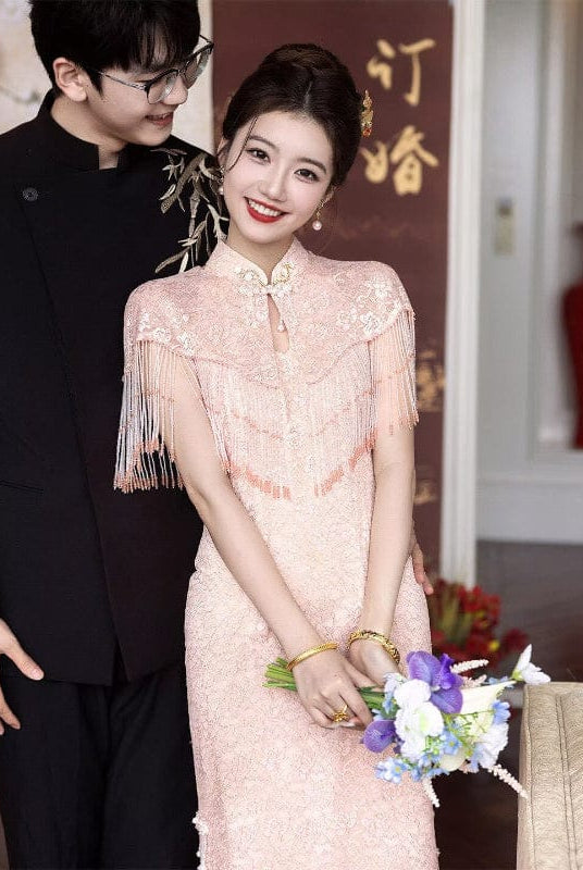 BethandBrianQipao-YX Floral pattern, pink long wedding Cheongsam with shawl set