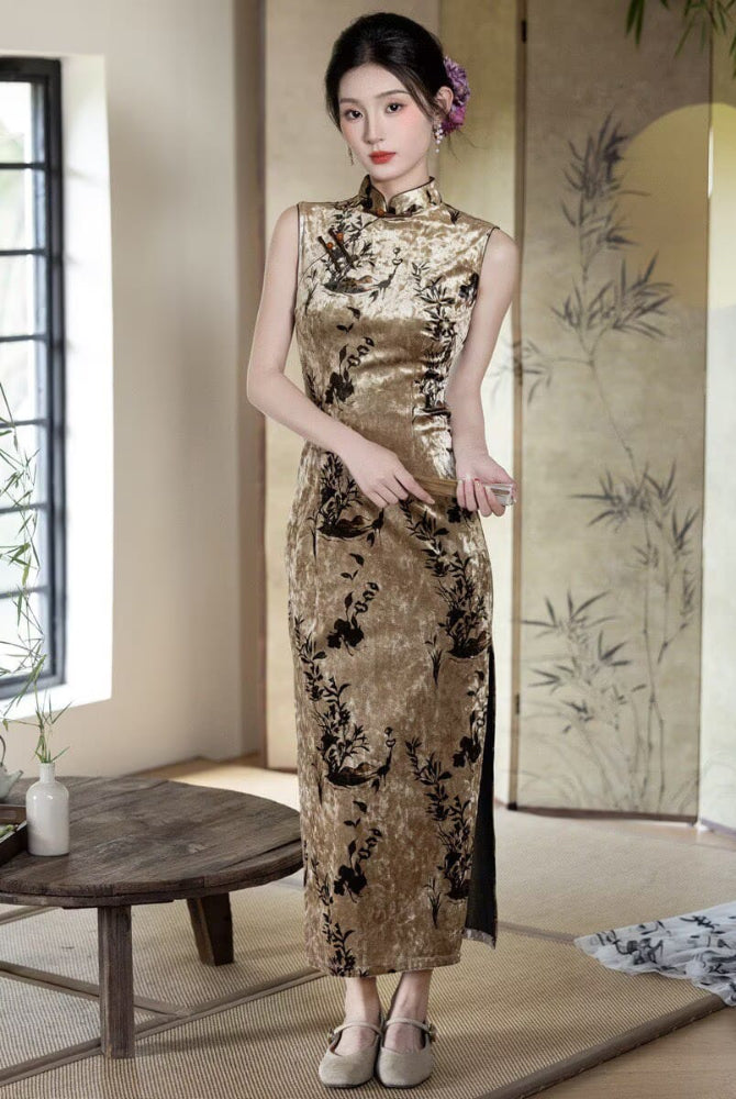 Beth and Brian Qipao-LY Stella Ink Bamboo Print Velvet Sleeveless Cheongsam