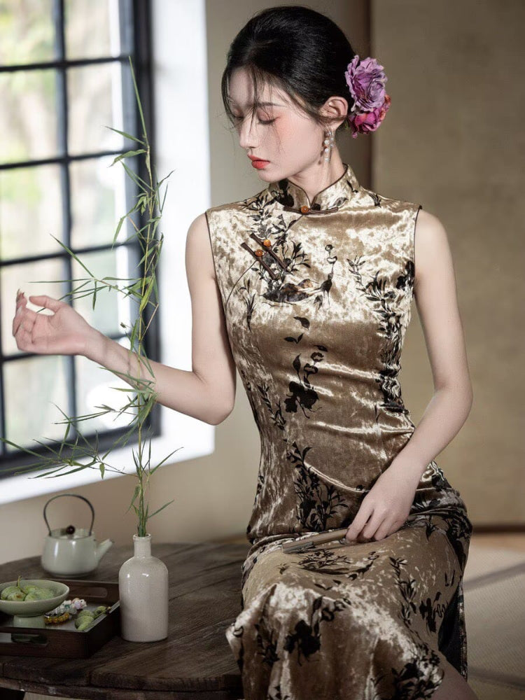 Beth and Brian Qipao-LY Stella Ink Bamboo Print Velvet Sleeveless Cheongsam