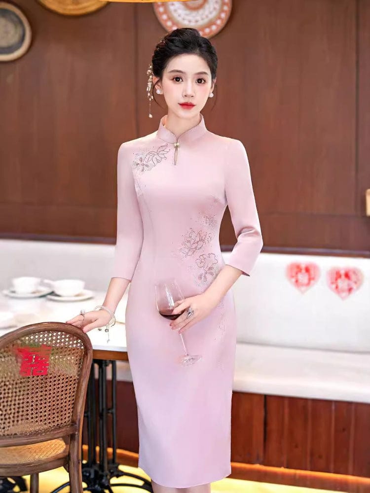 Beth and Brian Qipao-DL Floral pattern, acetate fabric, pink midi plus size Cheongsam