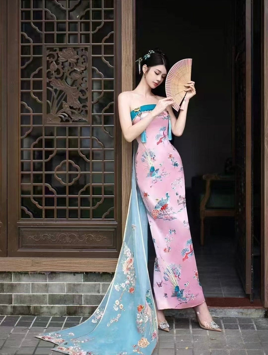 High End Chinese Dress, Tube Top Cheongsam, Prom Long Cheongsam Pink / Custom Made ( See Details below) High End Chinese Dress, Tube Top Cheongsam, Prom Long Cheongsam Pink / Custom Made ( See Details below)