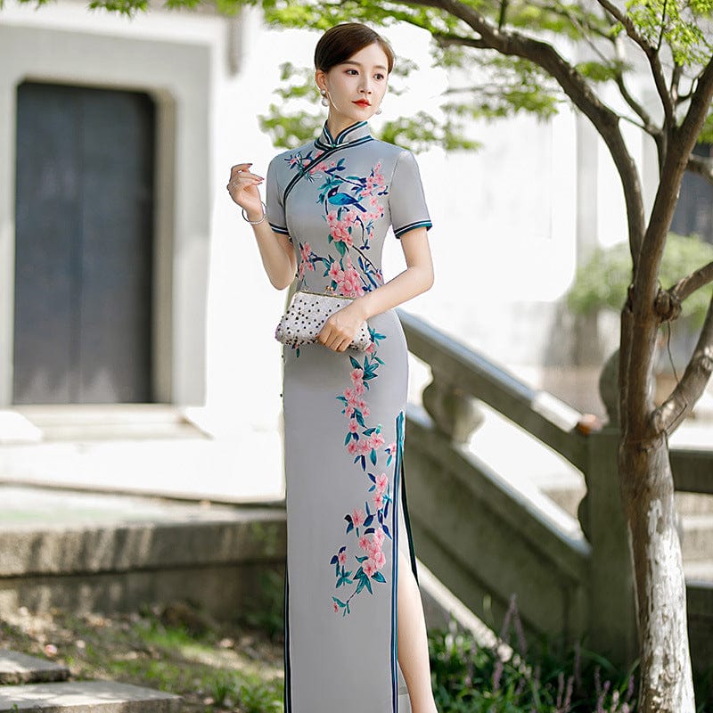 Beth and Brian Qipao-XYG Floral print, plus size, grey long Cheongsam