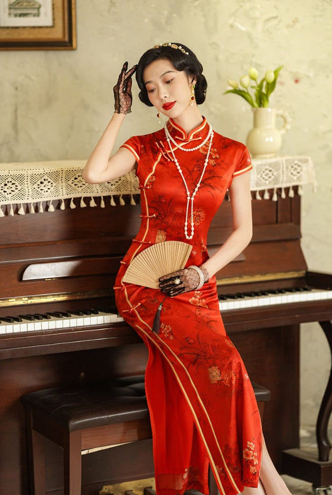 Beth and Brian Qipao-JD Floral pattern, 19 mome mulberry silk, high-end long Cheongsam