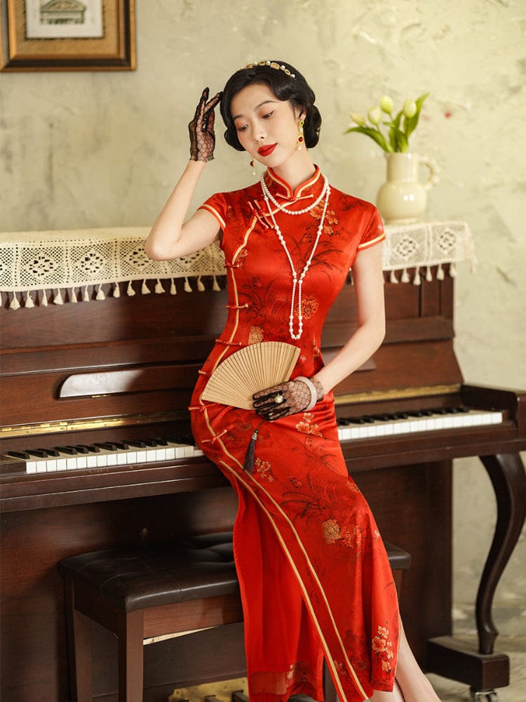 Beth and Brian Qipao-JD Floral pattern, 19 mome mulberry silk, high-end long Cheongsam
