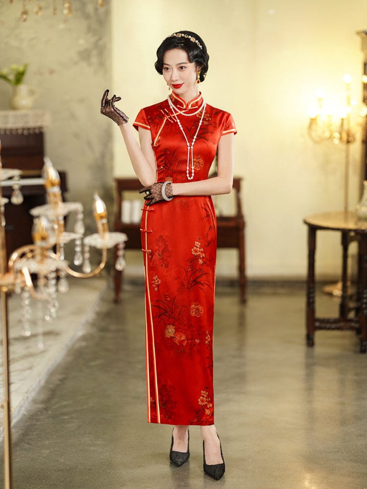 Beth and Brian Qipao-JD Floral pattern, 19 mome mulberry silk, high-end long Cheongsam