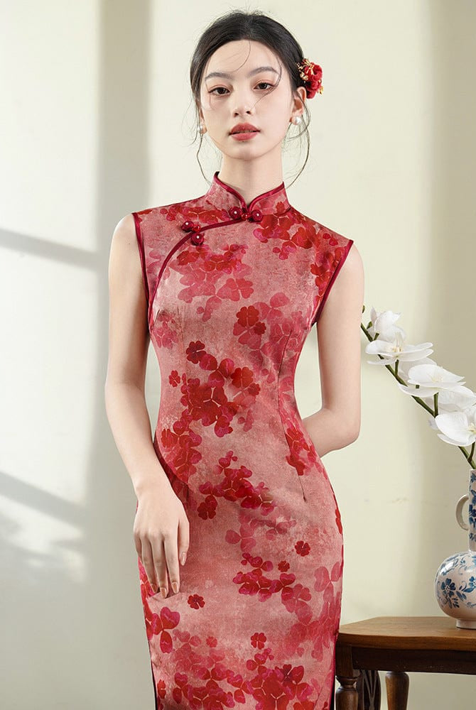 Beth and Brian Qipao-LSB Sleeveless, floral pattern, red mid-length Cheongsam