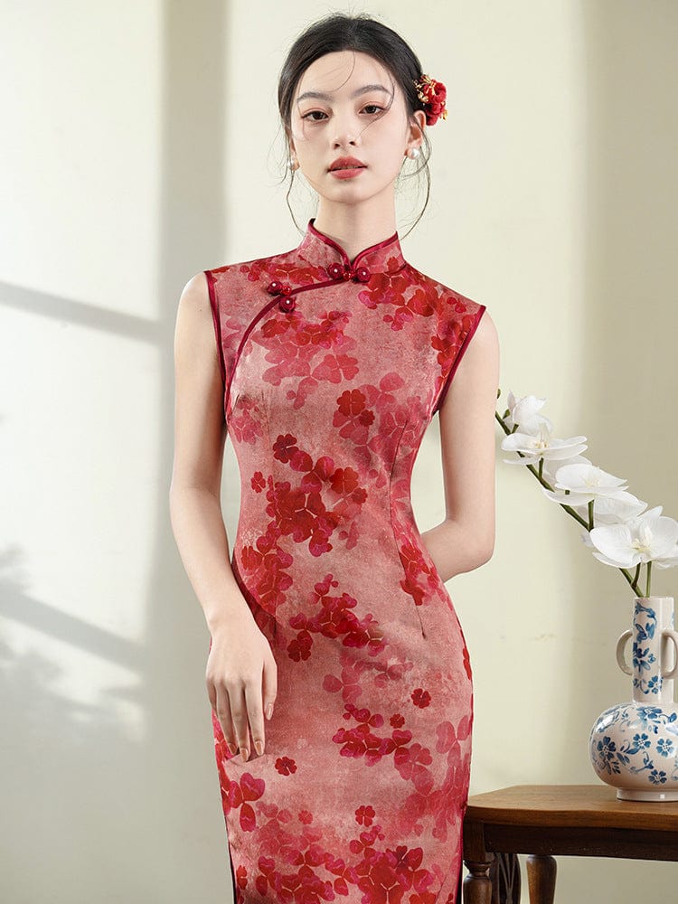 Beth and Brian Qipao-LSB Sleeveless, floral pattern, red mid-length Cheongsam