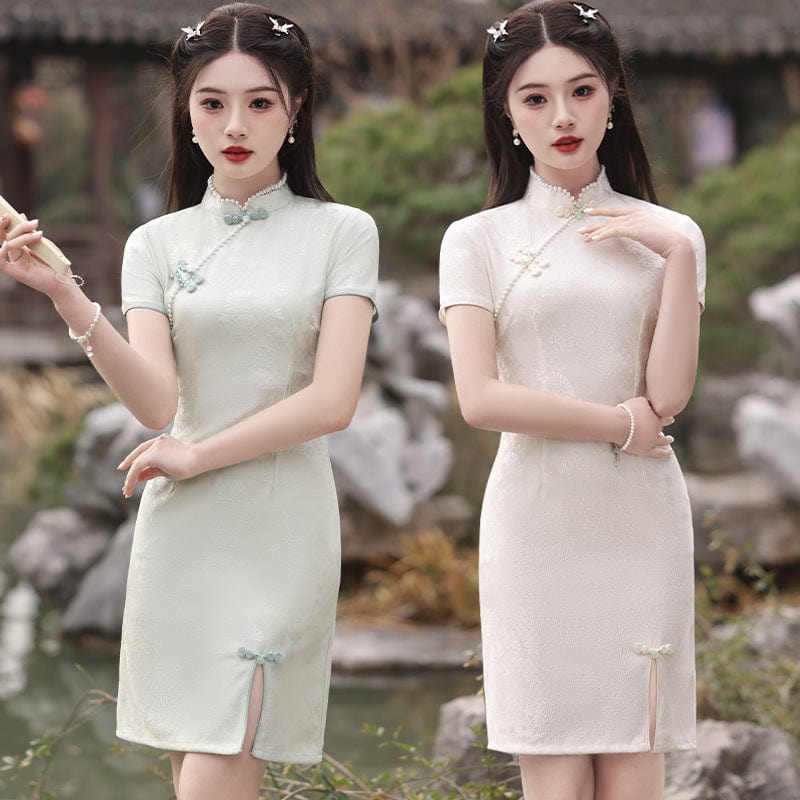 Beth and Brian Qipao-MLS Fan pattern, lace short Cheongsam
