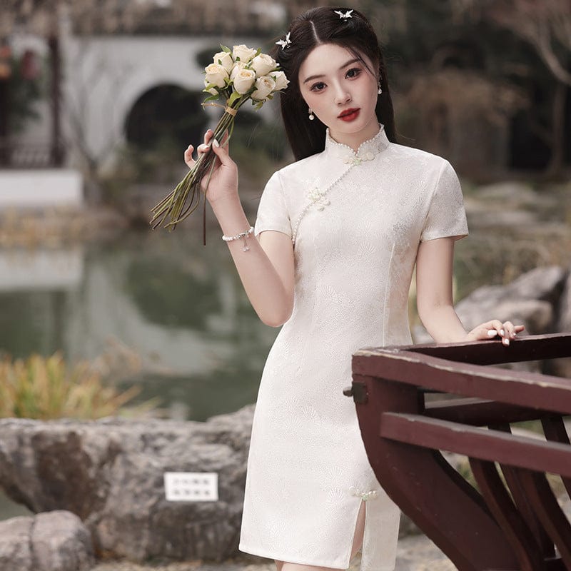 Beth and Brian Qipao-MLS Fan pattern, lace short Cheongsam