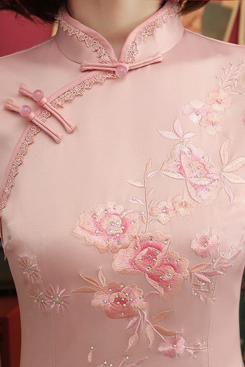 Beth and Brian Qipao-MLS Floral embroidery, silk midi Cheongsam with cap sleeves