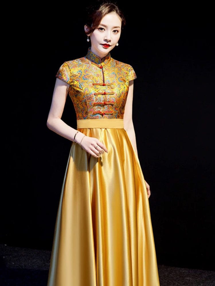 Beth and Brian Qipao-YLF Customizble Floral Embroidery, Floor Length Cheongsam With Cap Sleeves