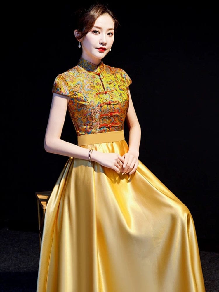 Beth and Brian Qipao-YLF Customizble Floral Embroidery, Floor Length Cheongsam With Cap Sleeves
