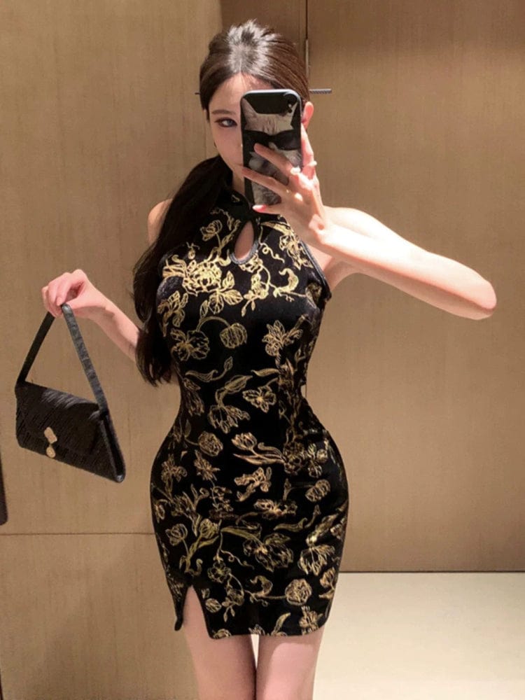 Beth and Brian Qipao-SBYX Sleeveless, silk velvet short Cheongsam