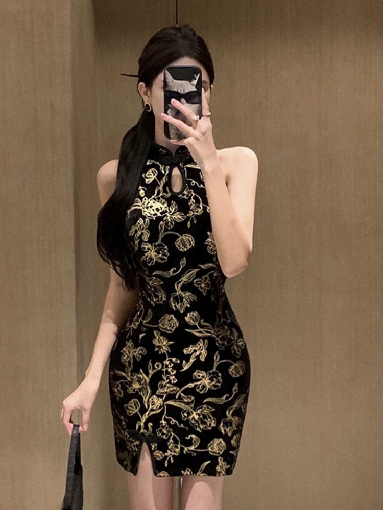 Beth and Brian Qipao-SBYX Sleeveless, silk velvet short Cheongsam