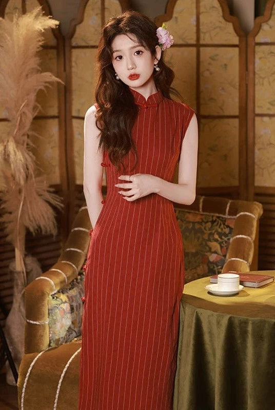 Beth and Brian Qipao-ZQYS Stripe pattern, cotton mid-length Cheongsam
