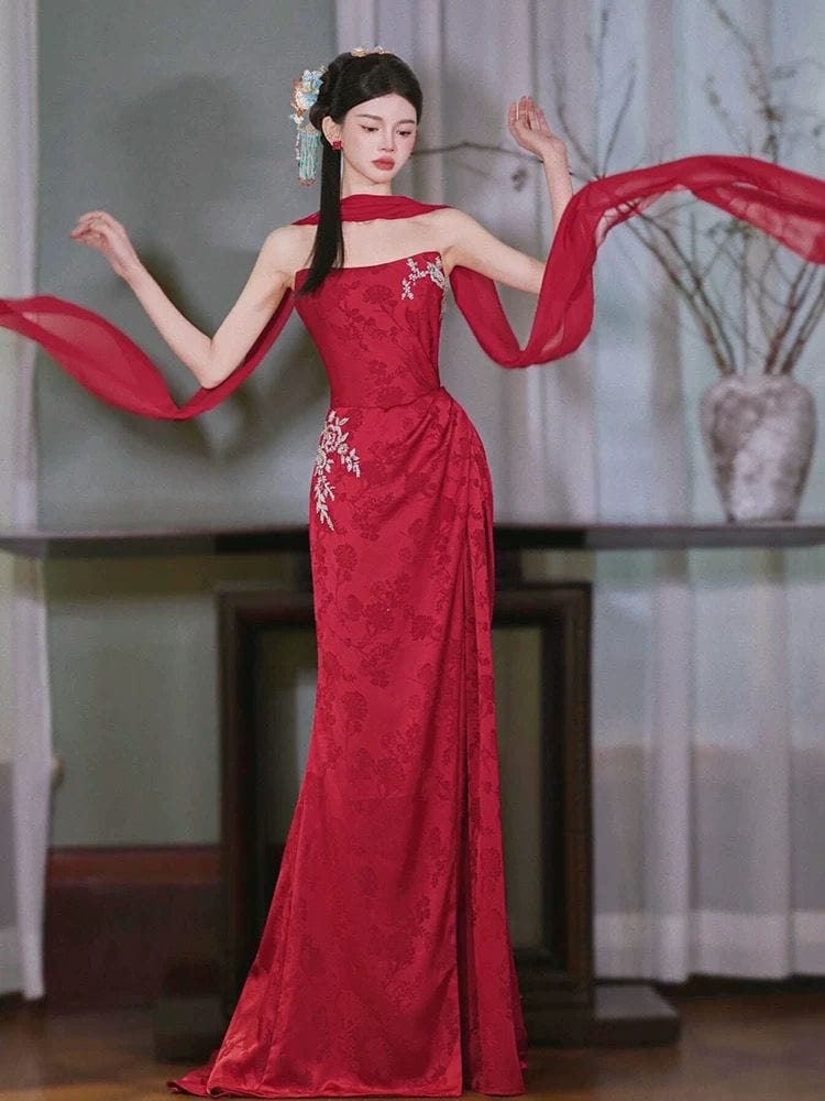 Beth and Brian Qipao-QHM Customizble Floral Embroidery, Tube Top, Red Long Cheongsam