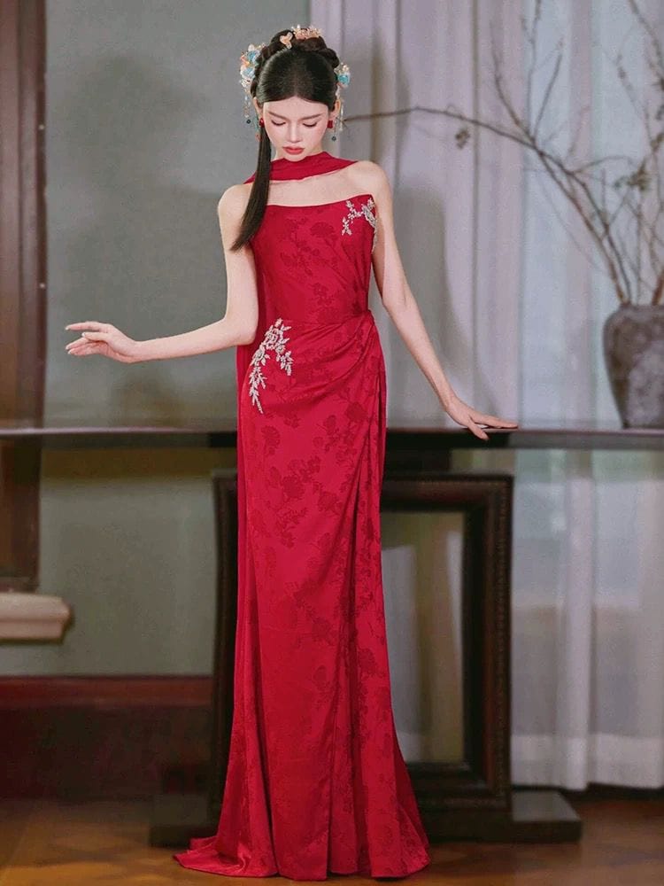 Beth and Brian Qipao-QHM Customizble Floral Embroidery, Tube Top, Red Long Cheongsam