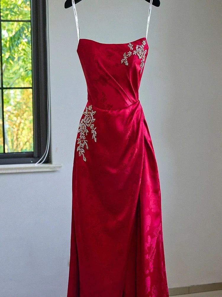 Beth and Brian Qipao-QHM Customizble Floral Embroidery, Tube Top, Red Long Cheongsam