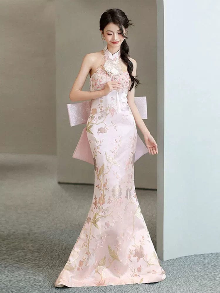 Beth and Brian Qipao-QHM New Chinese style (新中式), high-end, halter floor-length Cheongsam