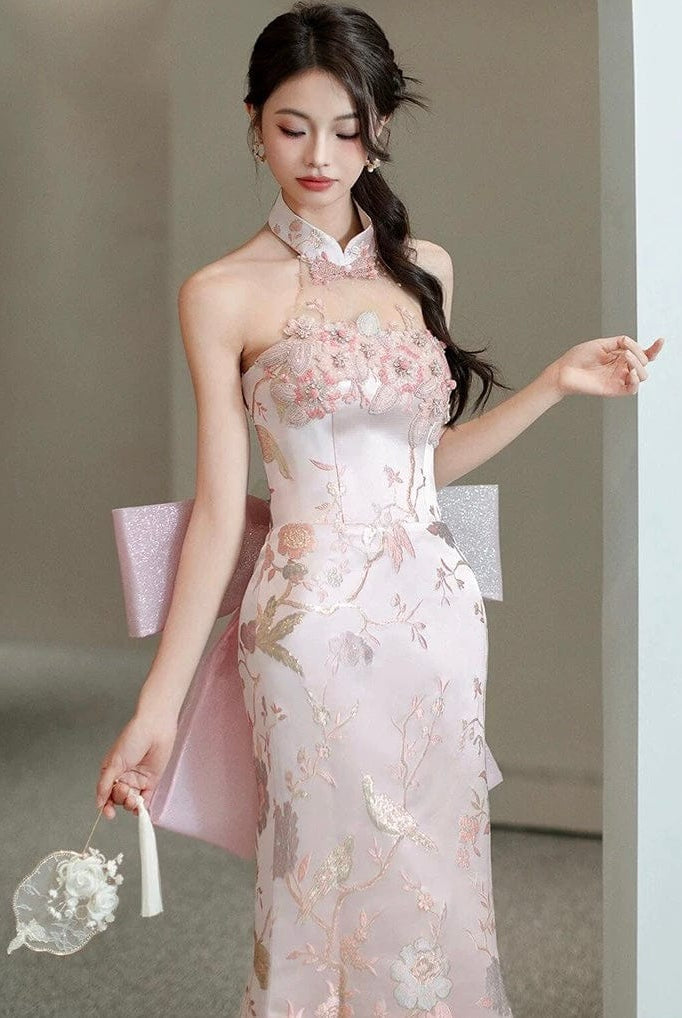 Beth and Brian Qipao-QHM New Chinese style (新中式), high-end, halter floor-length Cheongsam