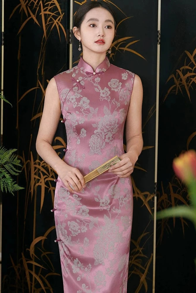 Beth and Brian Qipao-LSB Chinese retro style, floral pattern, pink midi Cheongsam