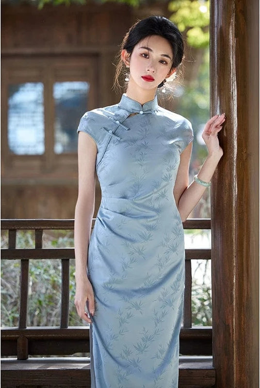 Beth and Brian Qipao-HY Bamboo leaf pattern, light blue midi Cheongsam