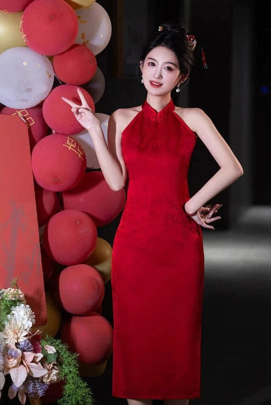 Beth and Brian Qipao-FRY New Chinese style (新中式), halter red midi Cheongsam