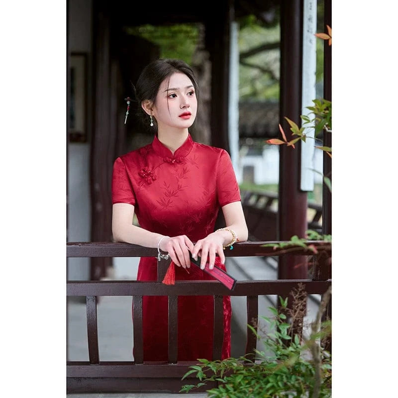 Beth and Brian Qipao-HY Plus size, bamboo leaf pattern, jacquard satin long Cheongsam