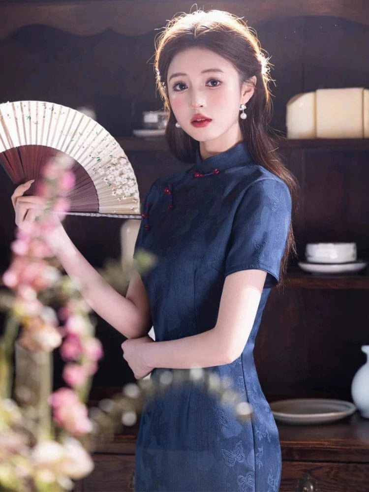 Beth and Brian Qipao - JN Butterfly pattern, blue midi Cheongsam