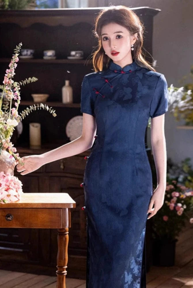 Beth and Brian Qipao - JN Butterfly pattern, blue midi Cheongsam