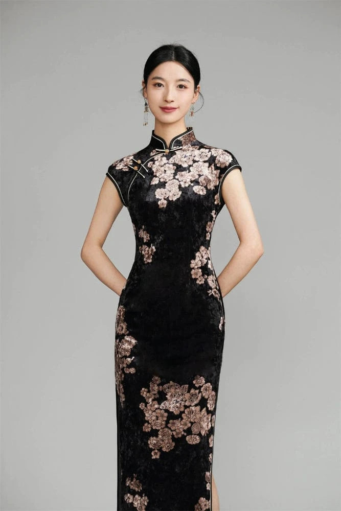 Beth and Brian Qipao-TQX Floral pattern, velvet long Cheongsam with raglan sleeves