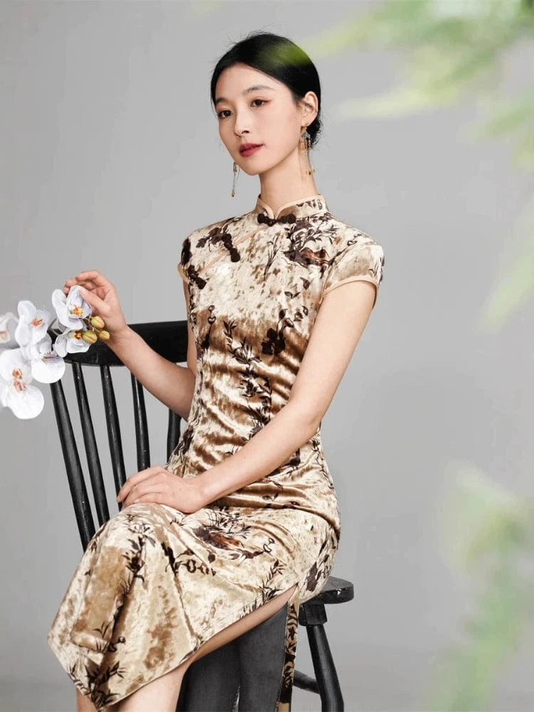 Beth and Brian Qipao-TQX Floral pattern, velvet long Cheongsam with raglan sleeves