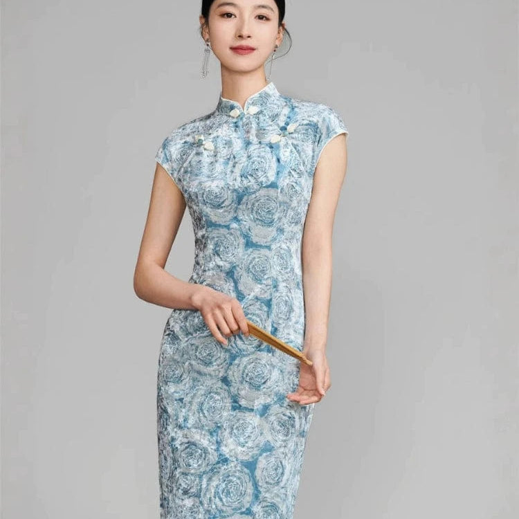 Beth and Brian Qipao-TQX Floral pattern, velvet long Cheongsam with raglan sleeves