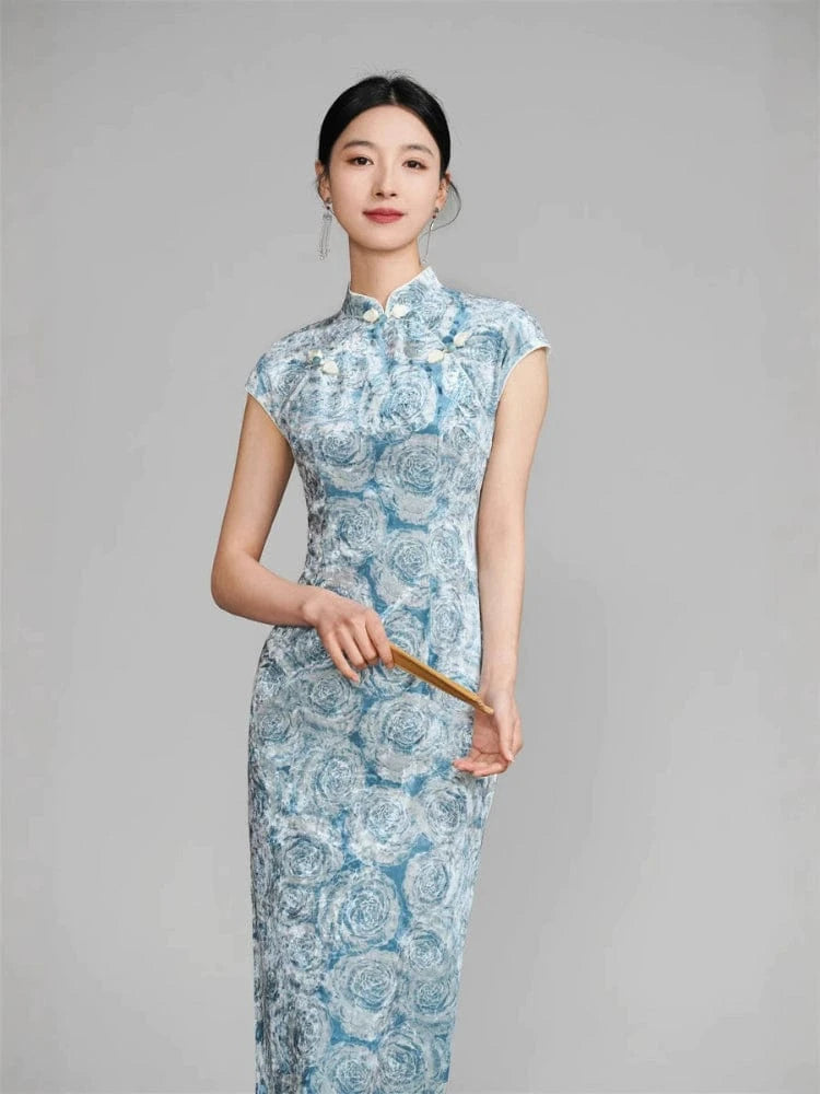 Beth and Brian Qipao-TQX Floral pattern, velvet long Cheongsam with raglan sleeves