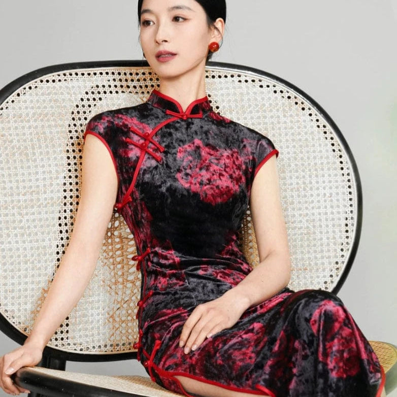 Beth and Brian Qipao-TQX Floral pattern, velvet long Cheongsam with raglan sleeves