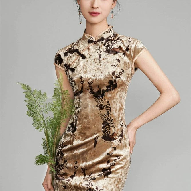 Beth and Brian Qipao-TQX Floral pattern, velvet long Cheongsam with raglan sleeves