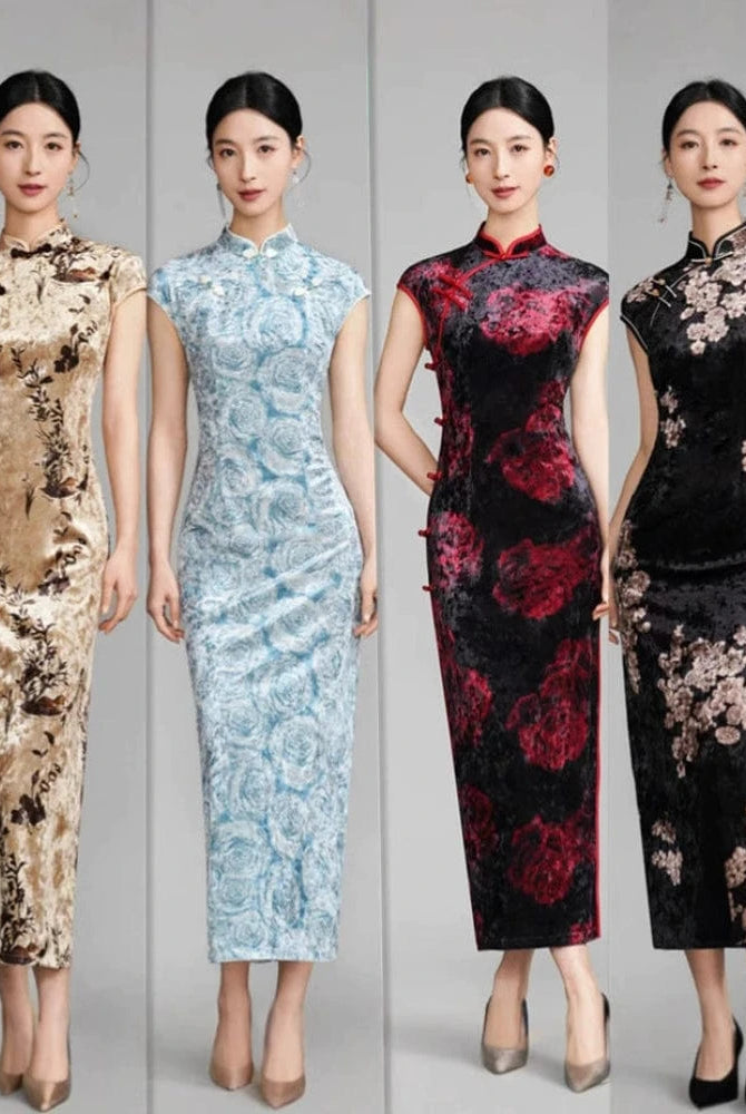 Beth and Brian Qipao-TQX Floral pattern, velvet long Cheongsam with raglan sleeves