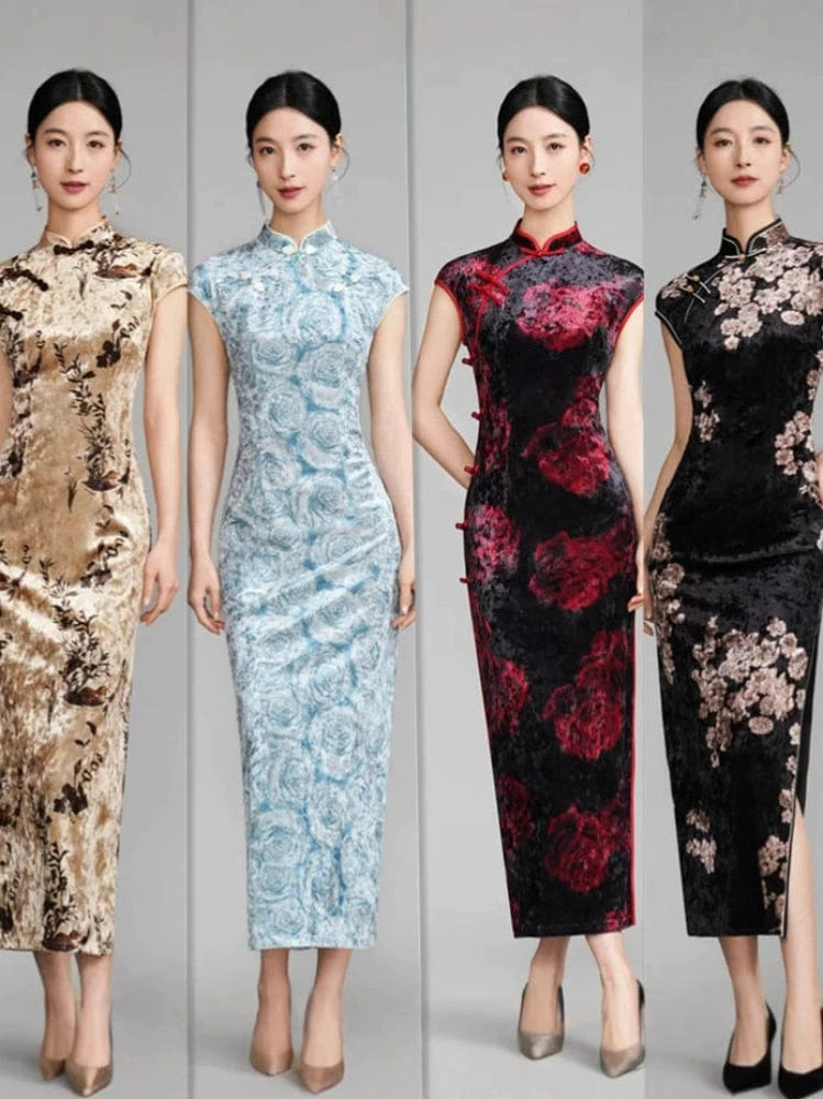 Beth and Brian Qipao-TQX Floral pattern, velvet long Cheongsam with raglan sleeves