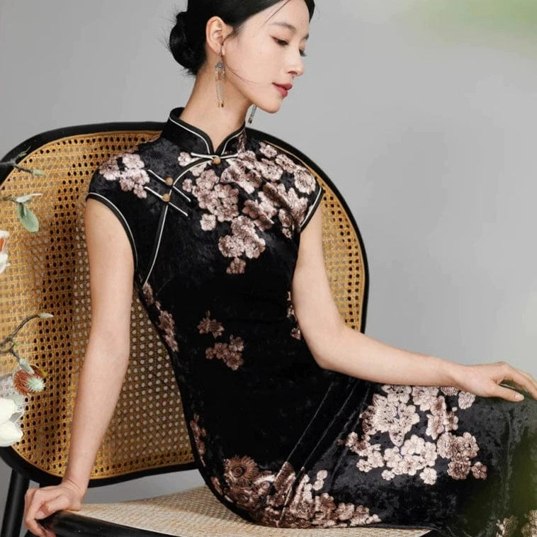 Beth and Brian Qipao-TQX Floral pattern, velvet long Cheongsam with raglan sleeves
